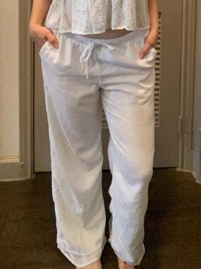 Hollister White Linen Blend Wide Leg Pants